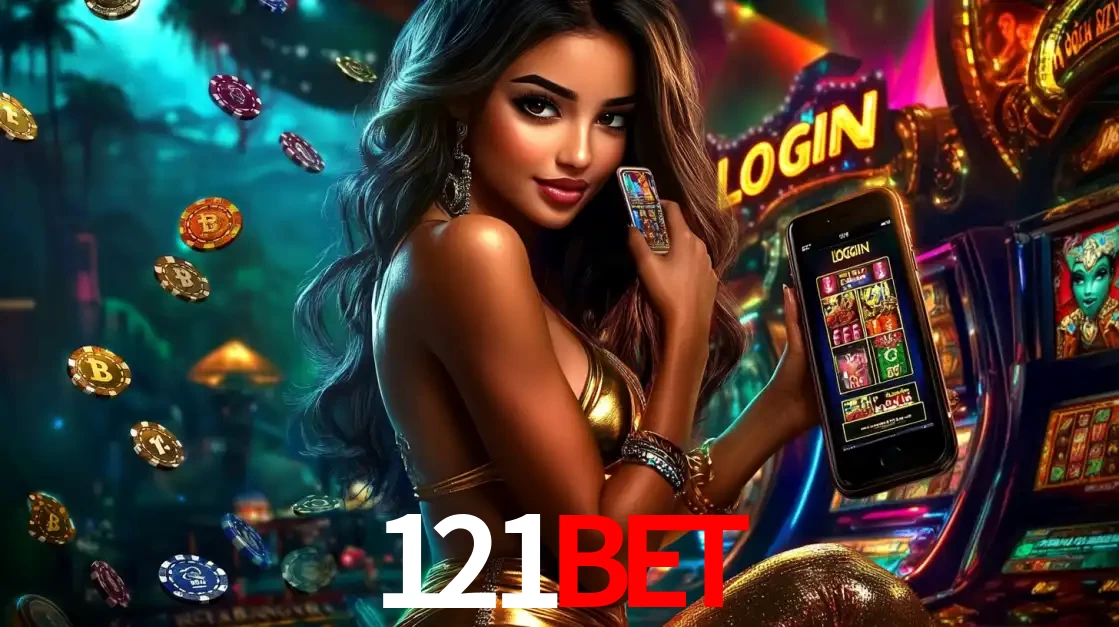 Mulher em um cenário de cassino temático de aventura, mostrando o app de caça-níqueis da 121BET no celular. Fichas de apostas flutuam ao redor.