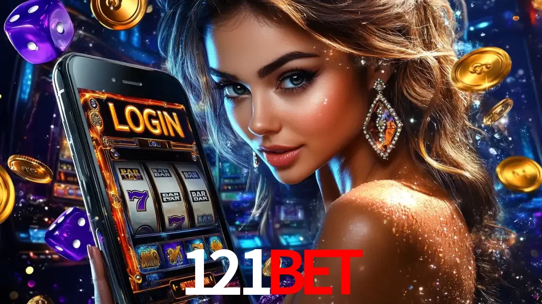 Mulher glamorosa segurando um smartphone com a tela de login para os jogos de caça-níqueis do cassino online 121BET, com moedas de ouro e dados ao redor.