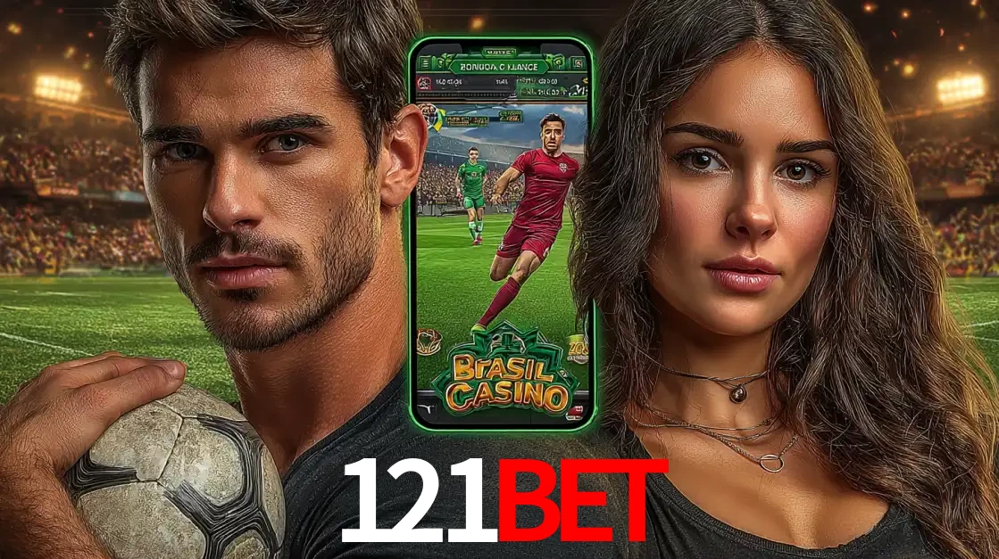 Homem segurando uma bola de futebol e uma mulher ao lado de um smartphone exibindo o jogo de apostas esportivas da 121BET. Faça seu palpite no cassino online.